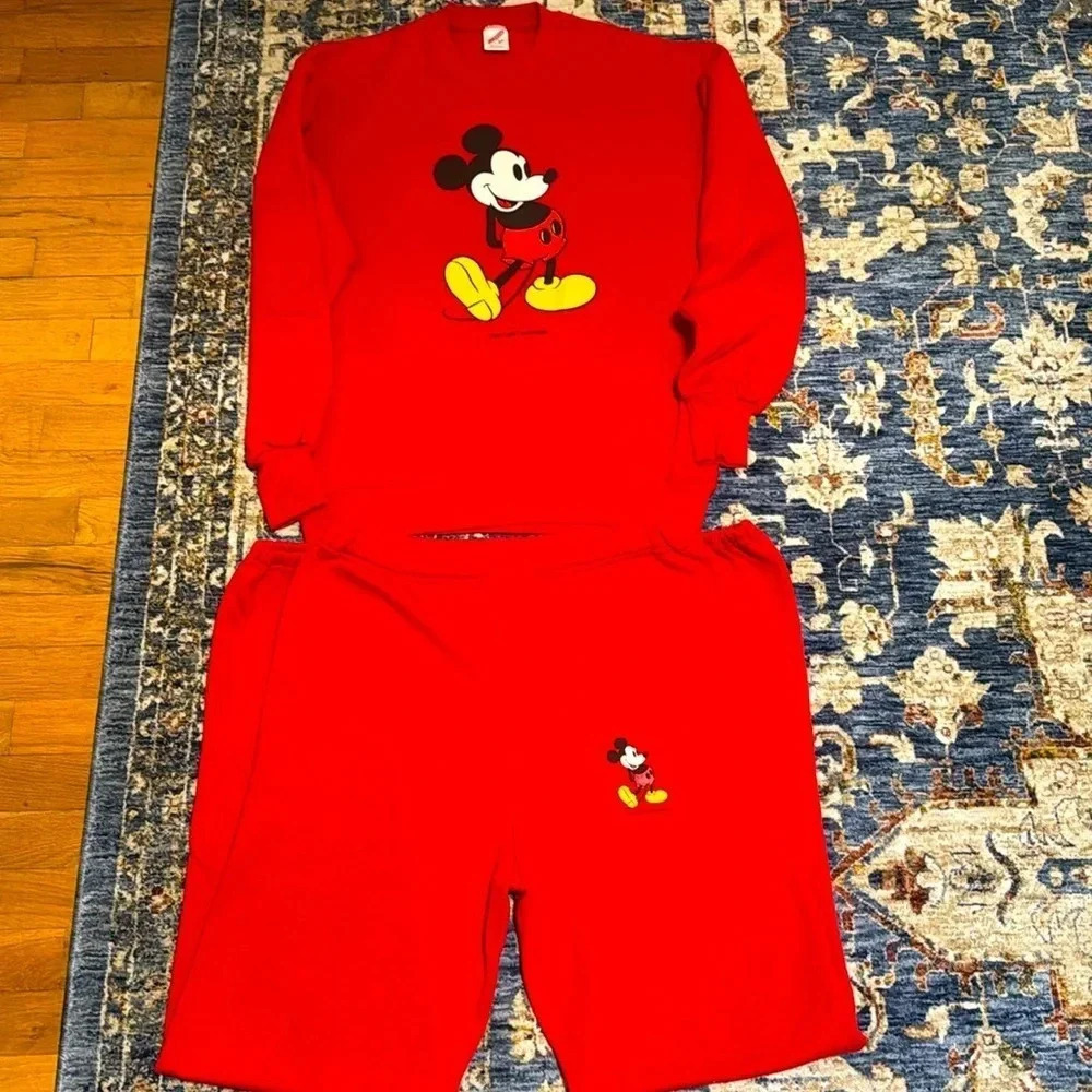 2pc Vintage Jerzees Walt Disney Red Mickey Mouse Jogging Sweater Pant Set LG HTF